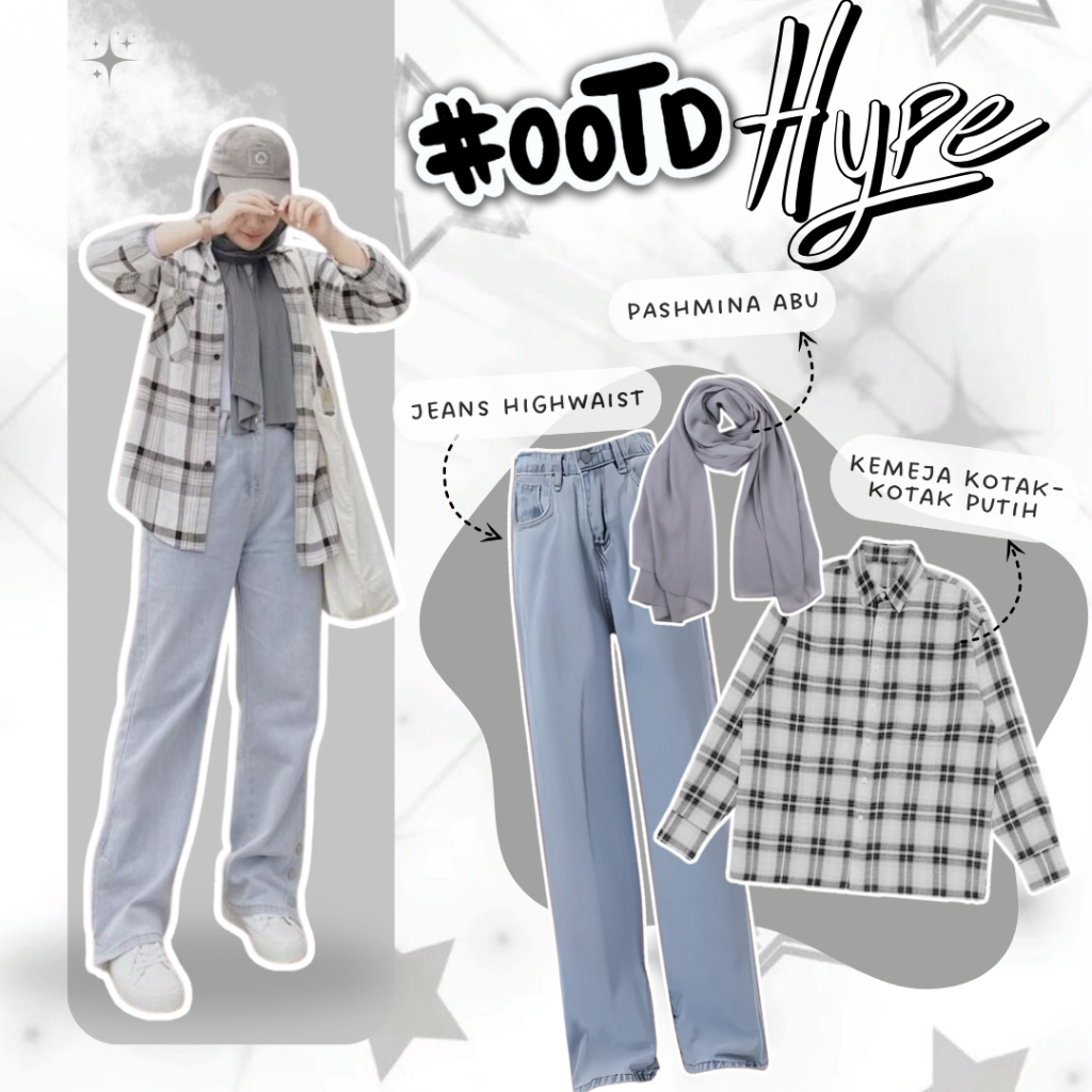 OOTD Oneset Hijab Flanel Wanita ( Pashmia Kemeja Flanel Jeans Highwaist ) Set Korean Terbaru - ES37