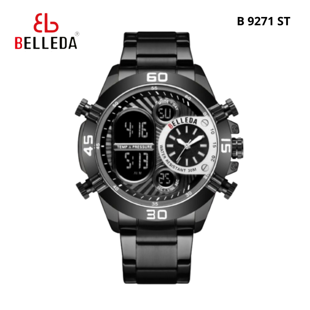 Jam Tangan Pria Belleda 9271 Dual Time Digital Analog Stainless Steel Anti Air 30 Meter Man Watches