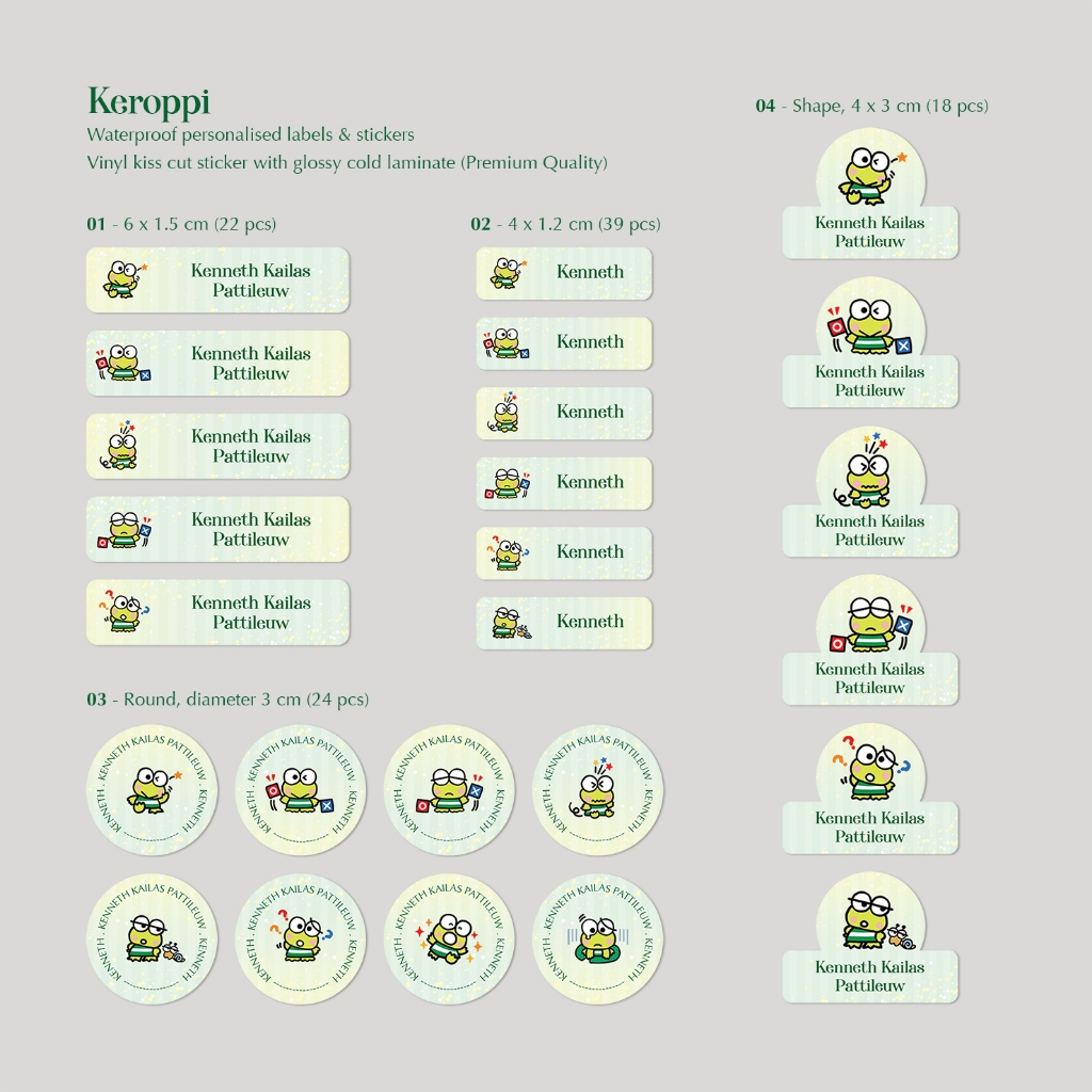

KEROPPI / SINGLE PACK (4 bentuk , 4 ukuran) / LABEL & STIKER NAMA WATERPROOF