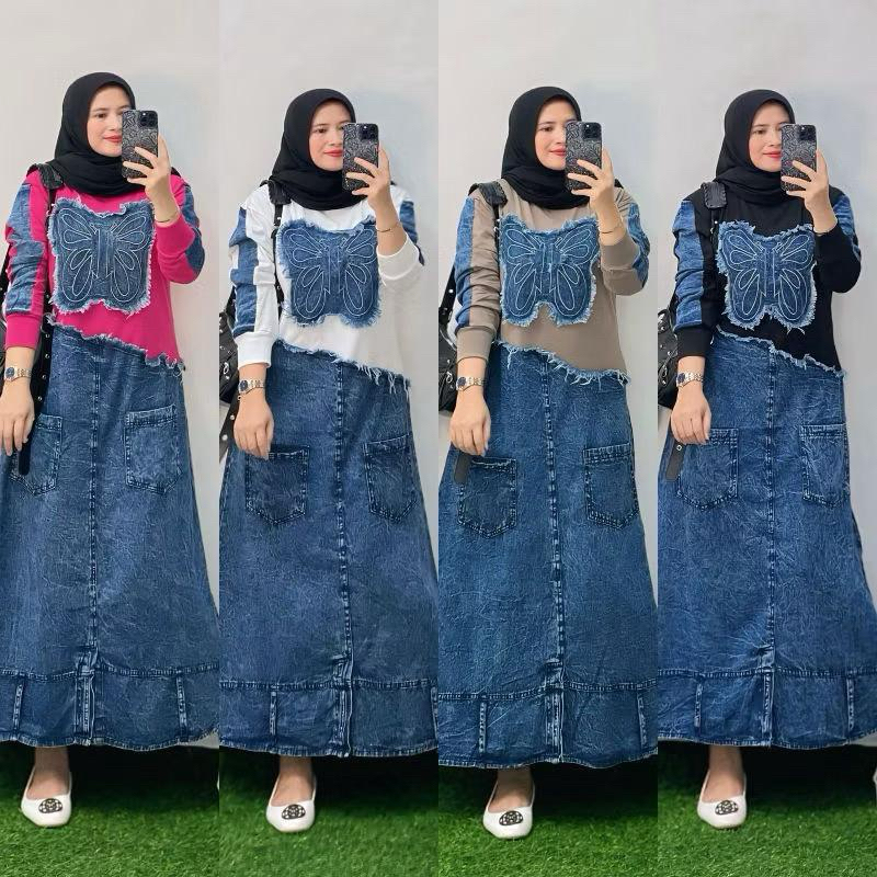 Gamis Combed Kombinasi Jeans Kupu Kupu, Gamis Jeans Wanita Terpopuler