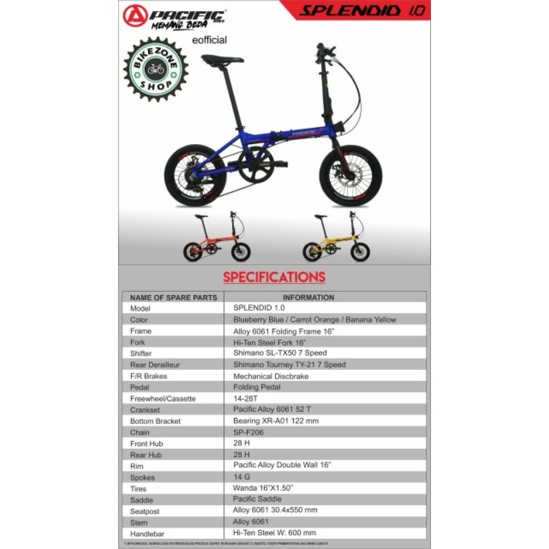 Sepeda Lipat 16  inch Alloy Pacific Splendid 1.0