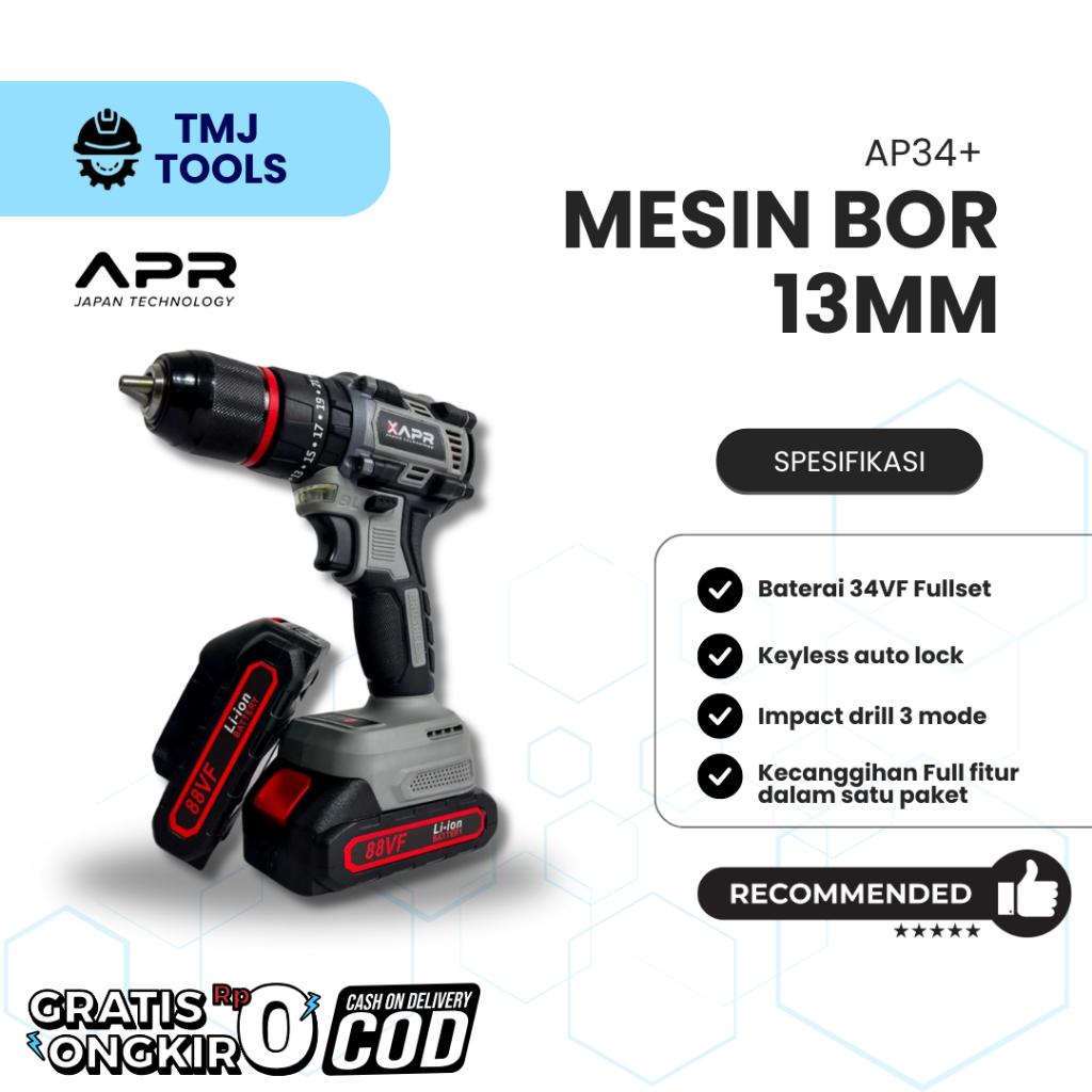 APR Bor Cordless Hammer Drill Driver AP34+ BRUSHLESS 13MM 20V Impact Drill Mesin Bor Baterai