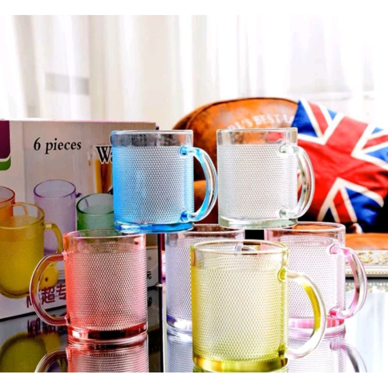 gelas kaca warna warni isi 6pc