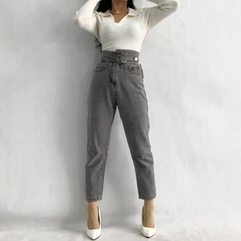 GDTIMA Celana Jeans Highwaist Wanita Jumbo Pensil Silang Celana Jeans Gaya Korea Kekinian