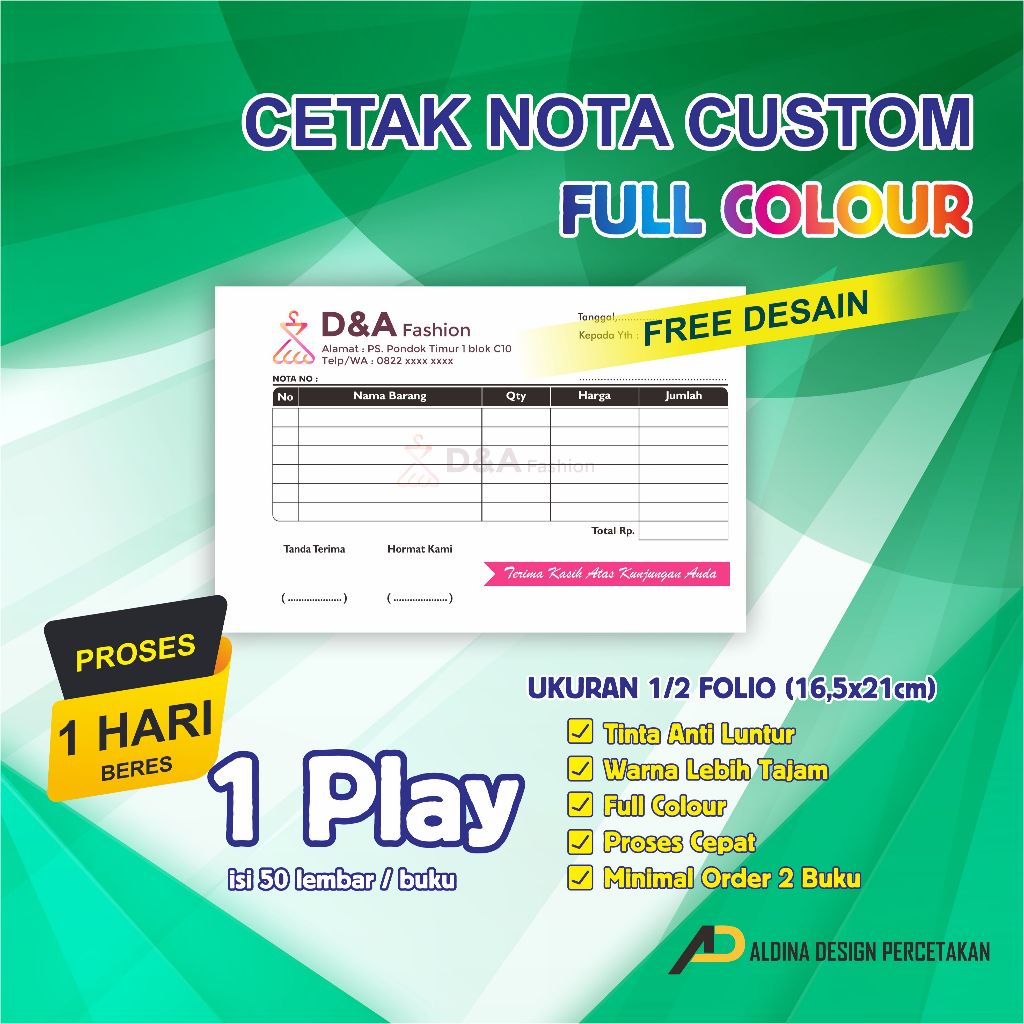 

Nota Aldina Custom Nama Toko sendiri, Full Colour ukuran 1/2 1 ply HVS 75 Gsm (Tebal), desain suka-suka