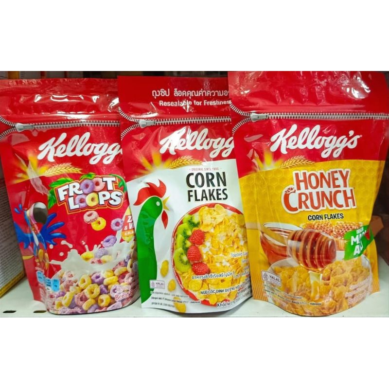 

Kelloggs Cereal Froot Loops, Corn Flakes, Honey crunch 55g pouch