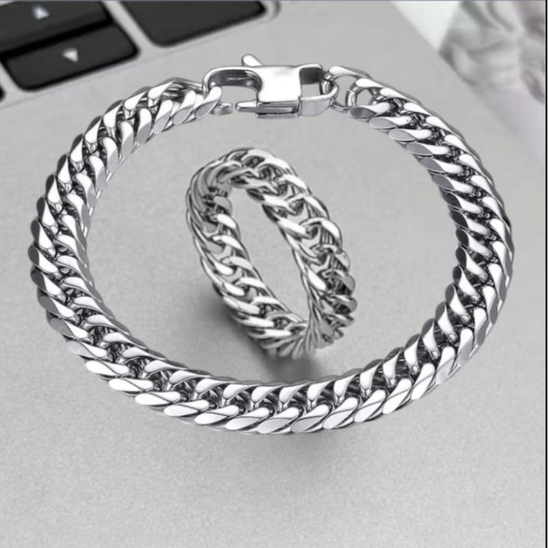 satu set gelang dan cincin model rantai titanium anti luntur