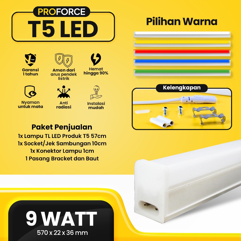 Lampu TL LED Proforce T5 9 Watt Panjang 57 CM Warna Warni