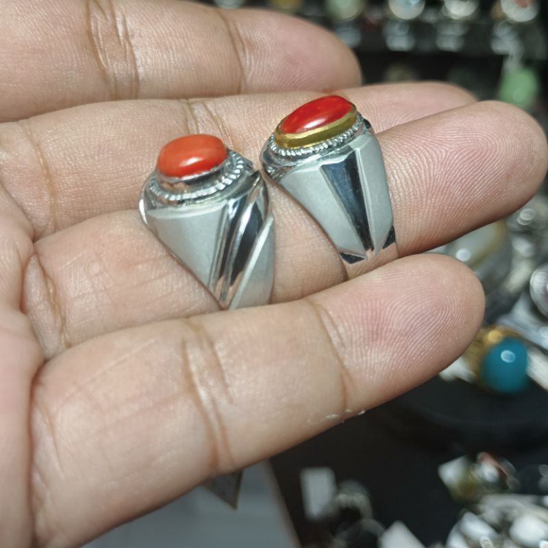 Natural batu red coral batu marjan cincin pria ring monel asli mediterania carelous