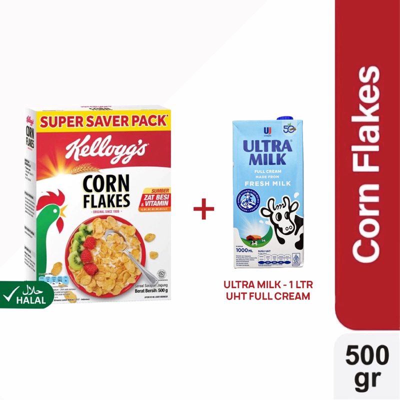 

Kelloggs Corn Flakes 500 gr + Susu Ultra Milk 1000 ml