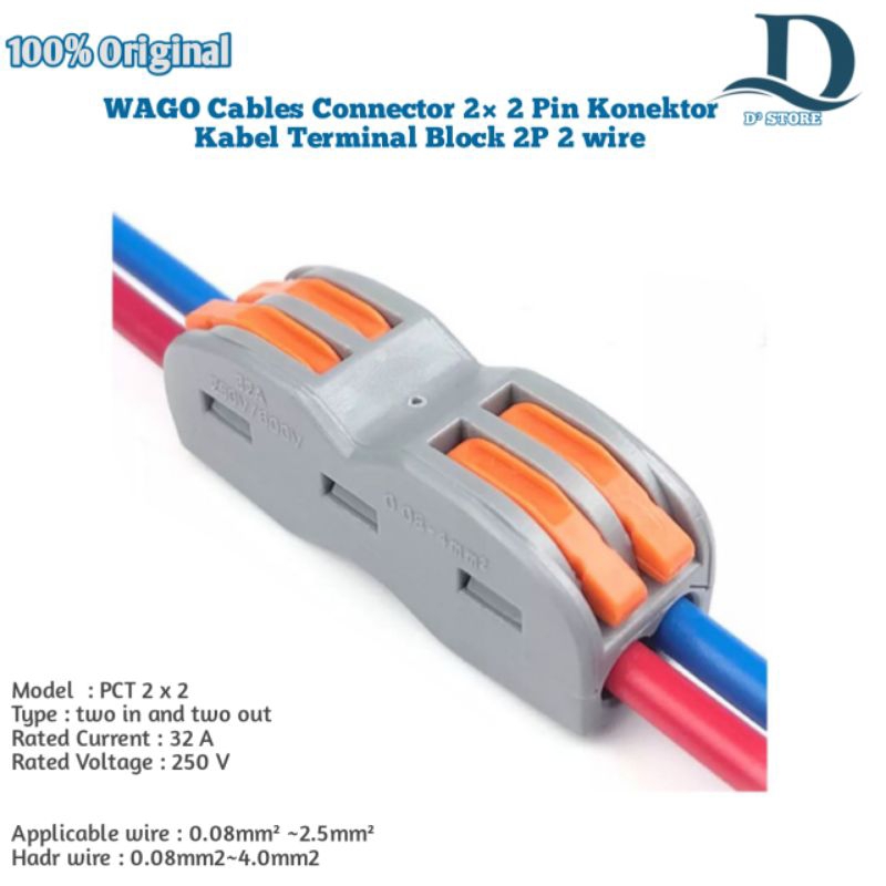 WAGO Cable Connector 2 × 2 Pin Konektor Kabel Terminal Block 2P 2 Wire