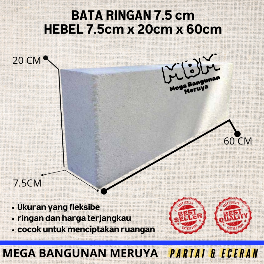 Hebel Bata Ringan 1 kubik isi 111 pcs 7.5 x 20 x 60 cm