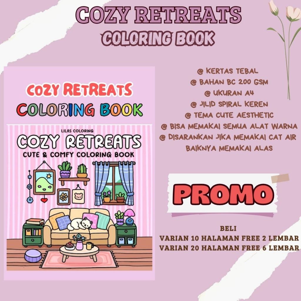 

COZY RETREATS Coloring Book Buka Gambar Mewarnai Sketsa Menggambar Kertas A4 Tebal 220 gsm