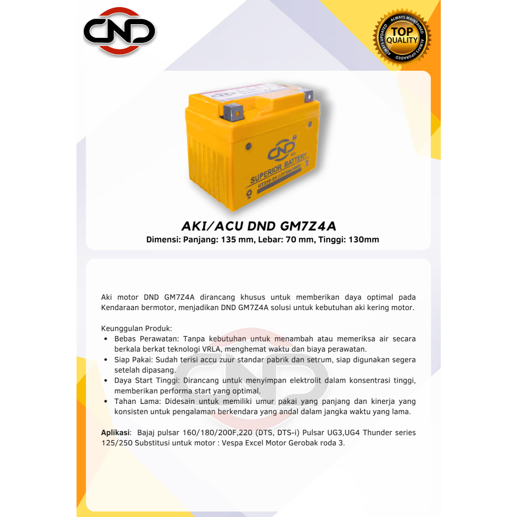 Aki kering Accu Thunder GM7Z4A DND