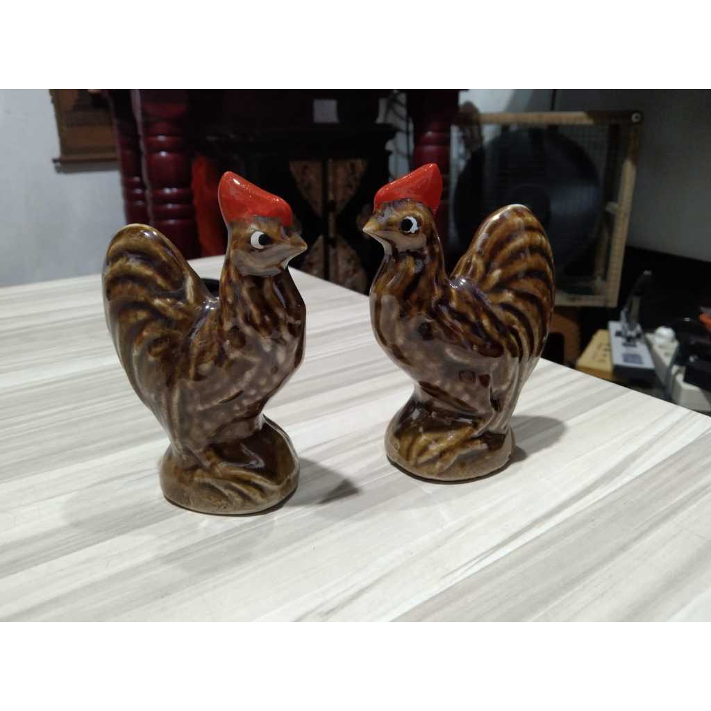 Patung Ayam Mini Keramik Sepasang Kuno Jadul Antik