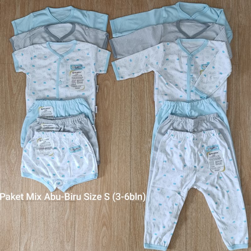 FLUFFY Paket Baju Bayi Size S 3-6 bulan 12pcs Setelan Pendek dan Panjang Mix Abu-Biru