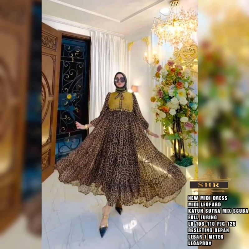 NEW SHR ORI 100% DRESS MAXI midi leopard ceruty katun sutra mix scuba full furing lebar 7meter syahi