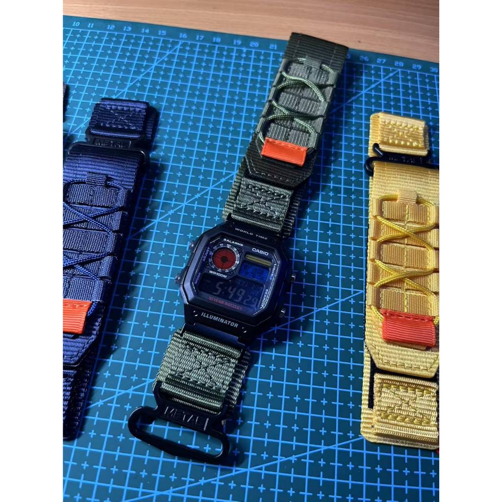 Modified jam tangan pria Casio AE-1200, colorful polarised LCD,  case and elastic nato military stra