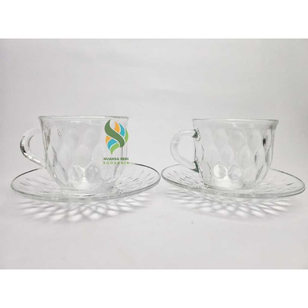 Souvenir Gelas Cup Saucer Tea Set Cangkir Minum Kopi Tumbler Mug Motif Kaca Bening Polos