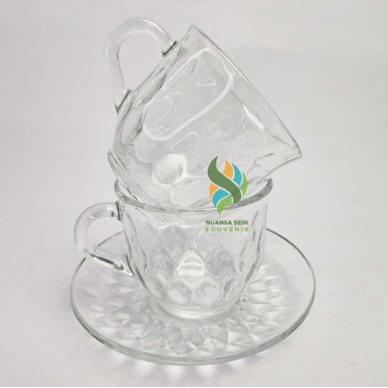 Souvenir Gelas Tea Set Cup Saucer Kaca Cangkir Kopi Tatakan Mug Beling Motif