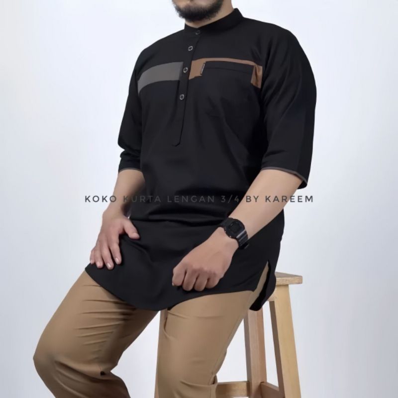 Baju Koko Kurta Pakistan Lengan 3/4 Warna Hitam Toyobo Premium / Koko Kurta Pria Dewasa Kombinasi Po