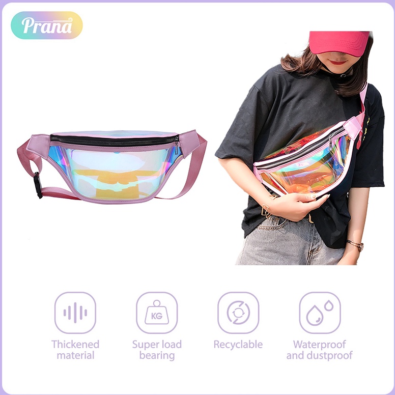 Barang Pilihan PRANA Tas Fashion Wanita Waistbag Hologram Seleting Zipper Tas Pinggang Model Transpa
