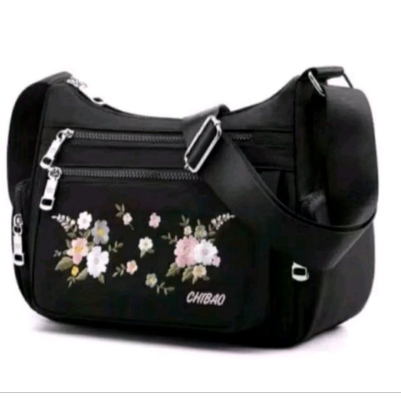 Tas selempang wanita chibao 8896 -11 motif bunga bordir dengan resleting samping banyak ruang cocok 