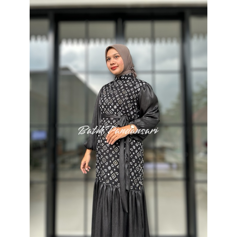 Fatimah Dress Batik Mahira Hitam Bahan Katun Kombinasi