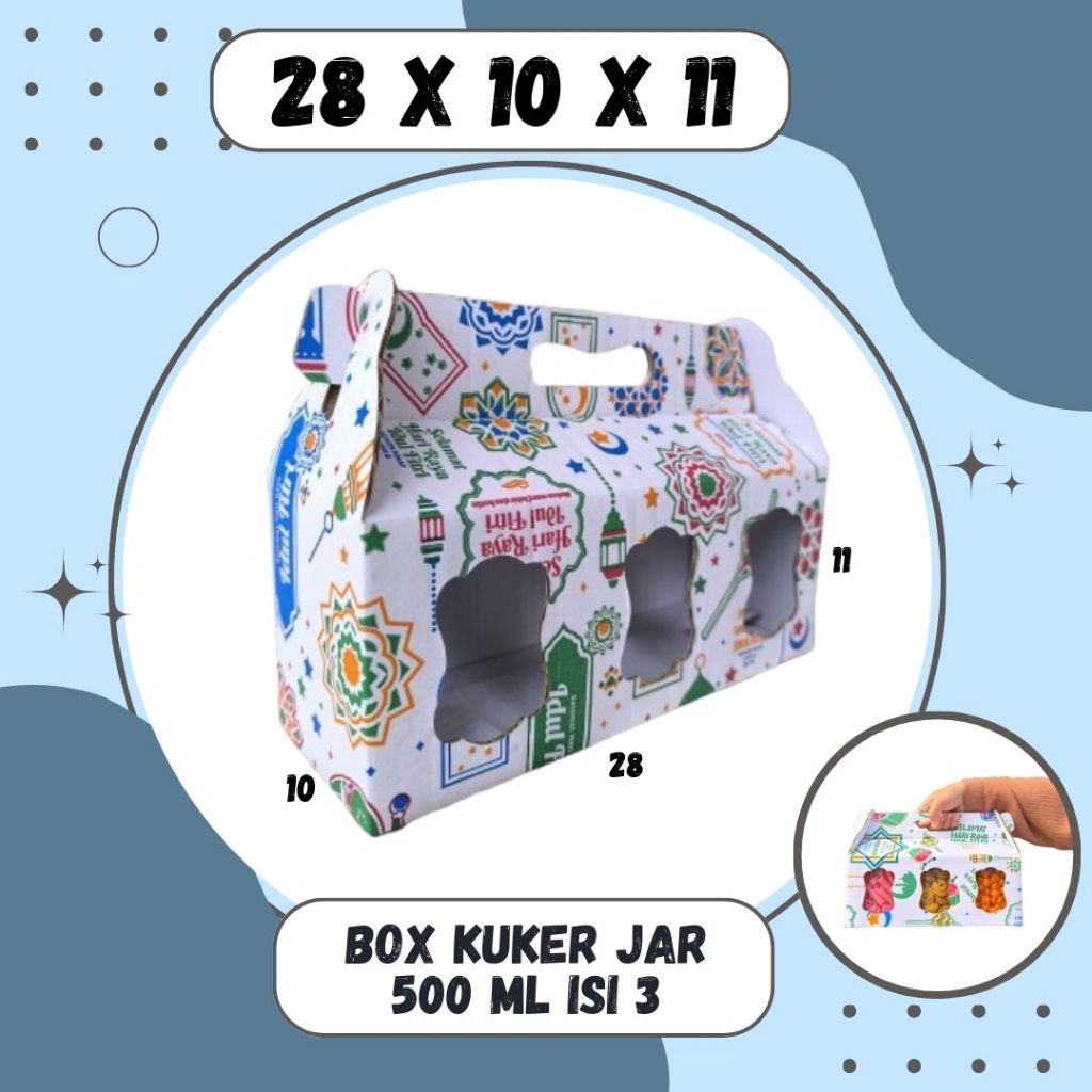 

Box Kuker 28x10x11 Jinjing (KUKER TOPLES JAR 500ml Isi 3) Kardus Kue Kering / Idul Fitri /Hampers / Lebaran / Gable Box Polos/Motif