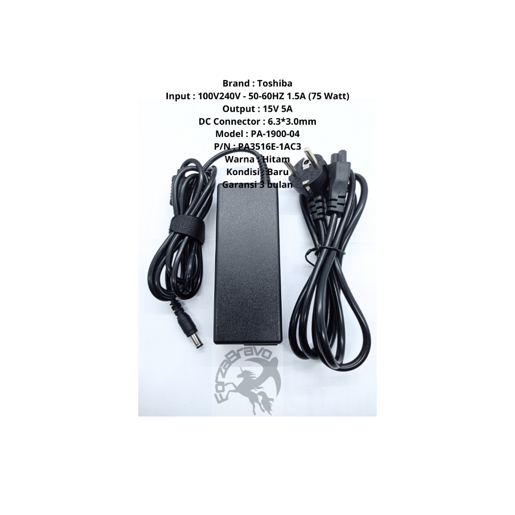 Adaptor Laptop Toshiba 15V 5A (6.3*3.0mm) fit Portege 3500, 3500 Tablet PC, 3505 Tablet PC - Garansi