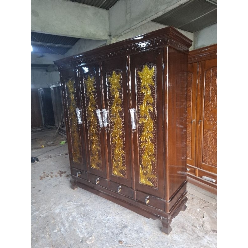 lemari pakaian 4 pintu hijab full laci dan gantungan gamis motif emas full kayu asli jati