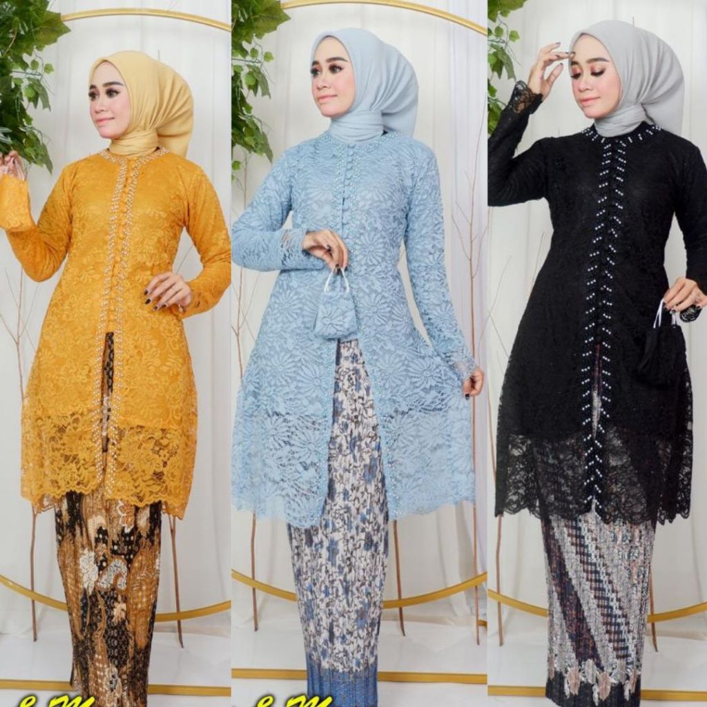 Setelan Kebaya Brokat Payet Tunik Kancing Seribu/Setelan Kebaya Modern Brokat Baby Blue dan Lainnya