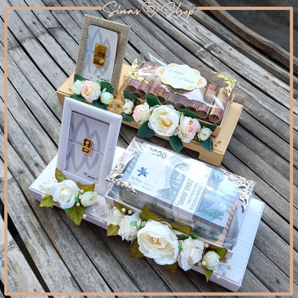 

Box uang dan logam mulia, mahar seserahan pernikahan model kaki no cover warna putih dan cokelat kayu
