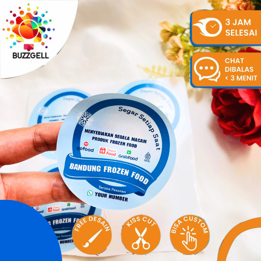 

5-8 Buzzgell Sticker Vinyl Frozen Food Bulat Label Kemasan Makanan Simpan Beku Basah Diameter Sedang