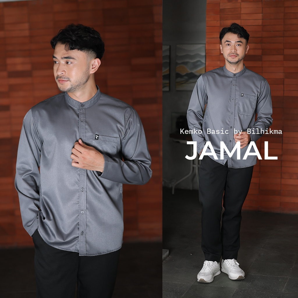 BILHIKMA Baju Kemeja Koko Lengan Panjang Remaja dan Pria Dewasa Kemko Jamal Warna Dark Grey