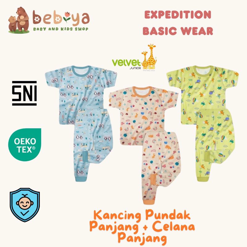 Velvet Junior Terbaru Setelan Celana Panjang Lengan Pendek Kancing Pundak Expedition Series Baju Ana