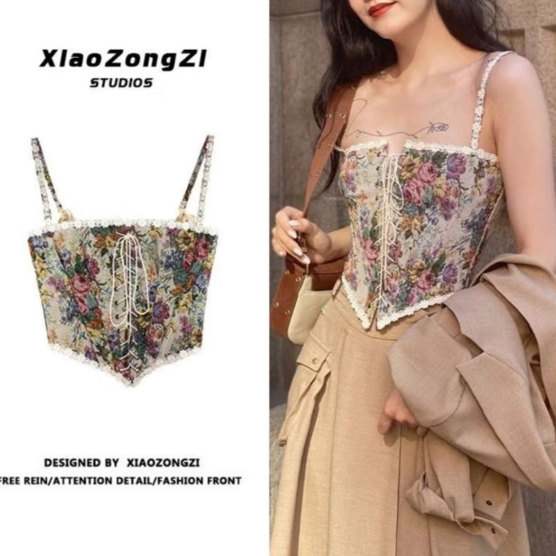 Preloved korset top corset vintage vest retro flower camisole LD 105cm