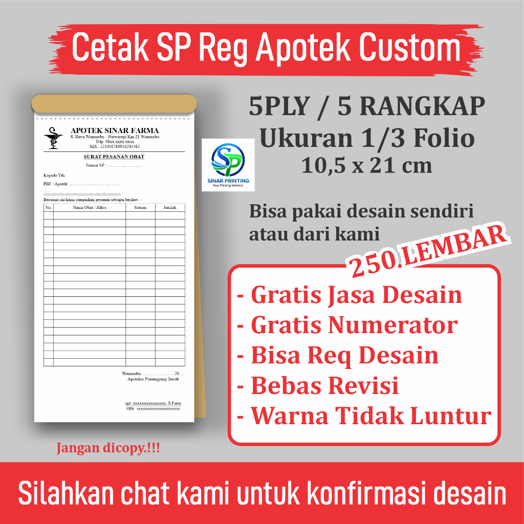 

Cetak SP Obat Apotek Custom 5PLY Ukuran 1/3 Folio Free Desain