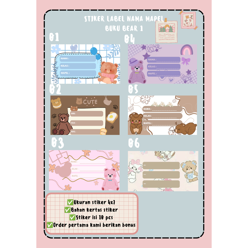 

Stiker Label Nama Mapel Buku Bear 1 isi 10 pcs
