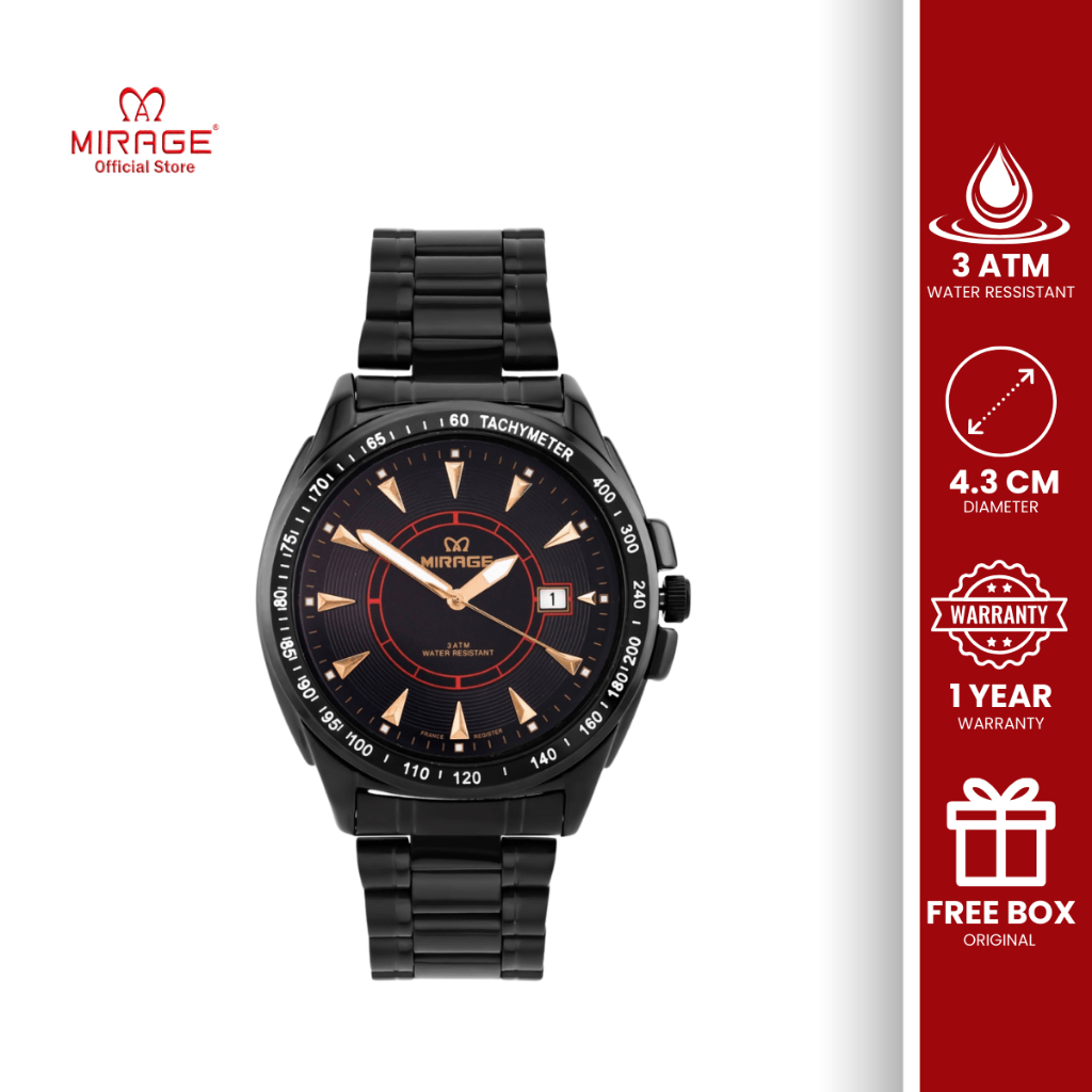Mirage Jam Tangan Analog Pria Sporty Formal Hitam Stainless Anti Air Garansi 1 Tahun Original 7614 M