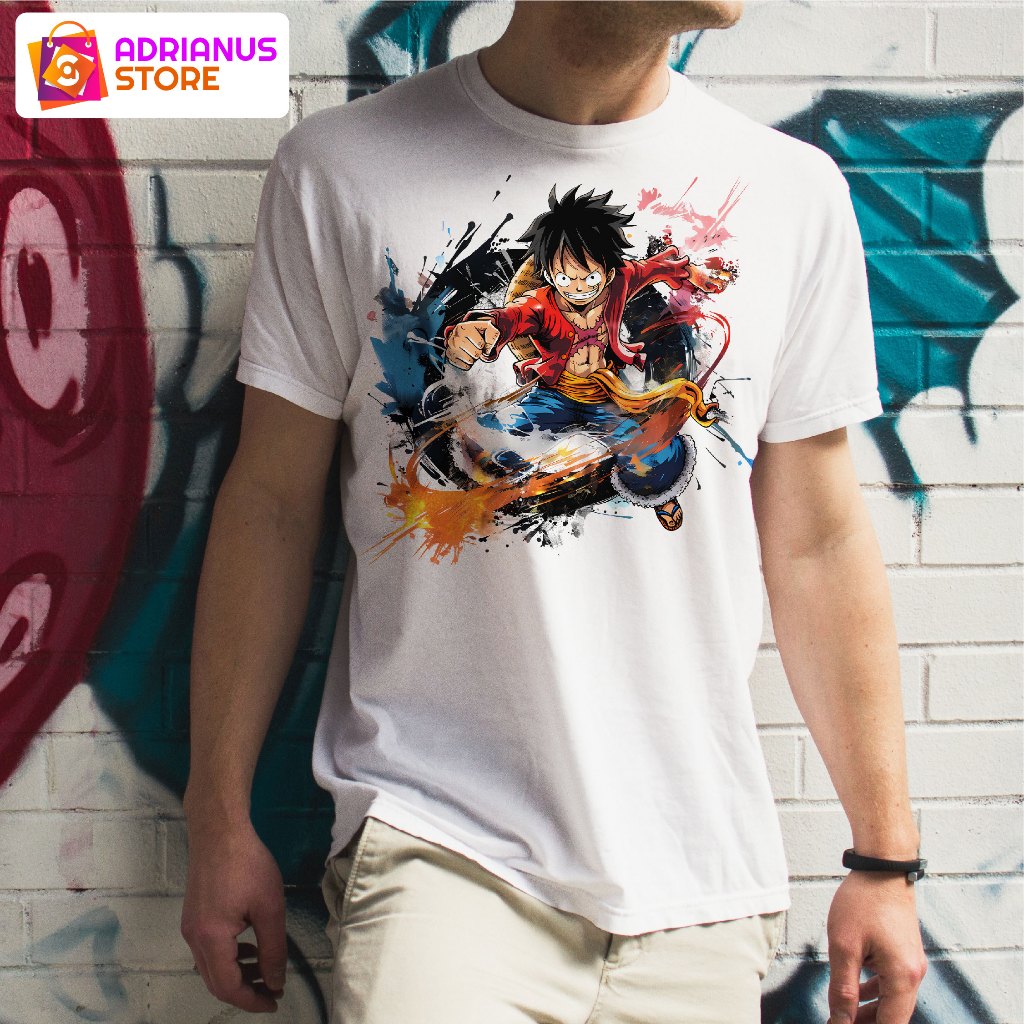 Baju Kaos Distro Atasan Putih Anime One Piece Luffy Bajak Laut Topi Jerami Mugiwara