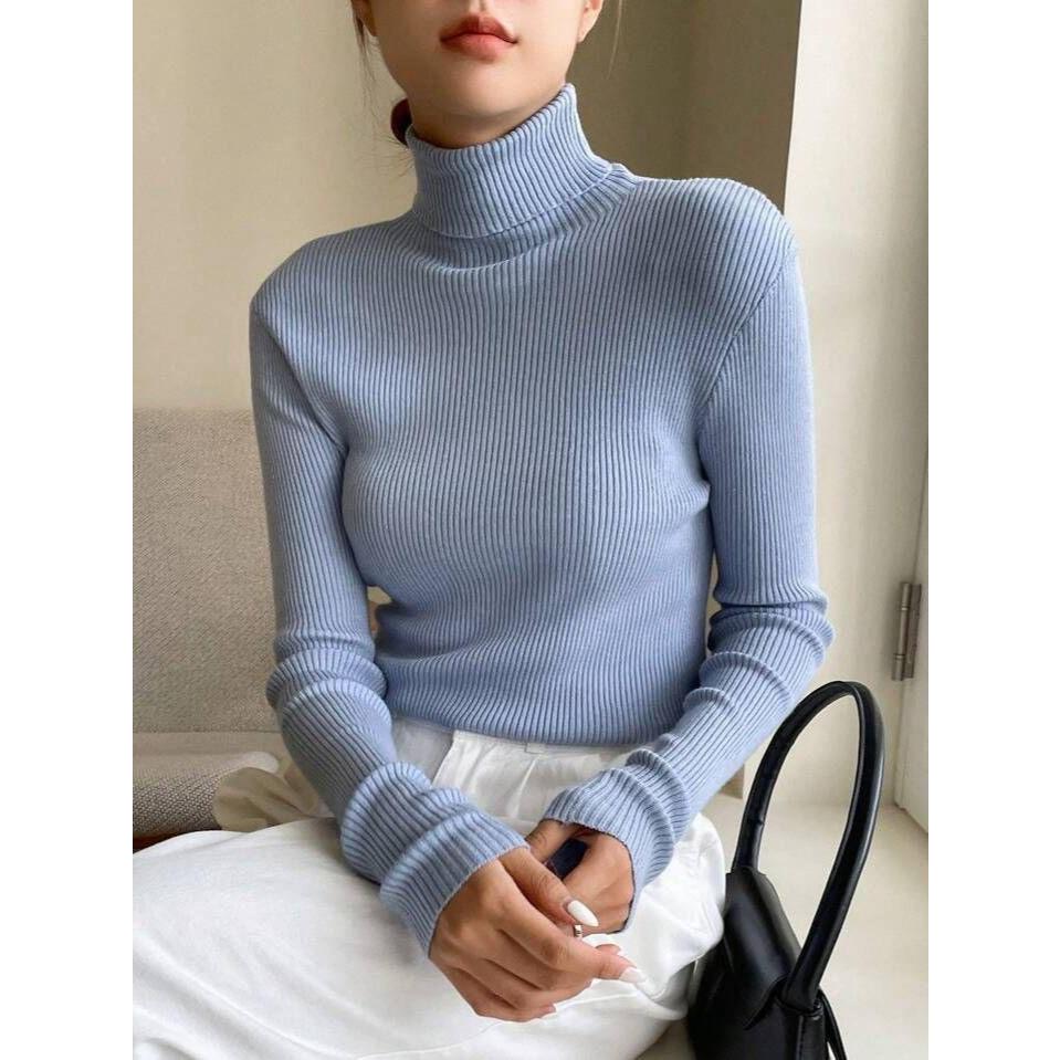 KAOS TURTLENECK LENGAN PANJANG WANITA / KAOS CEWEK BAHAN RAJUT/RIB / KAOS RAJUT PREMIUM LEHER TINNGI