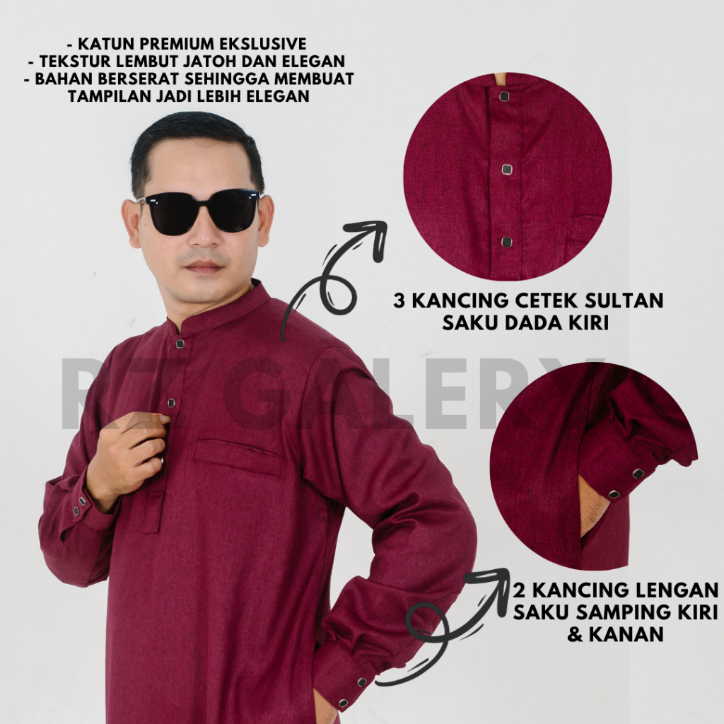 jubah pria premium lengan panjang bahan katun / gamis pria warna merah marun maroon