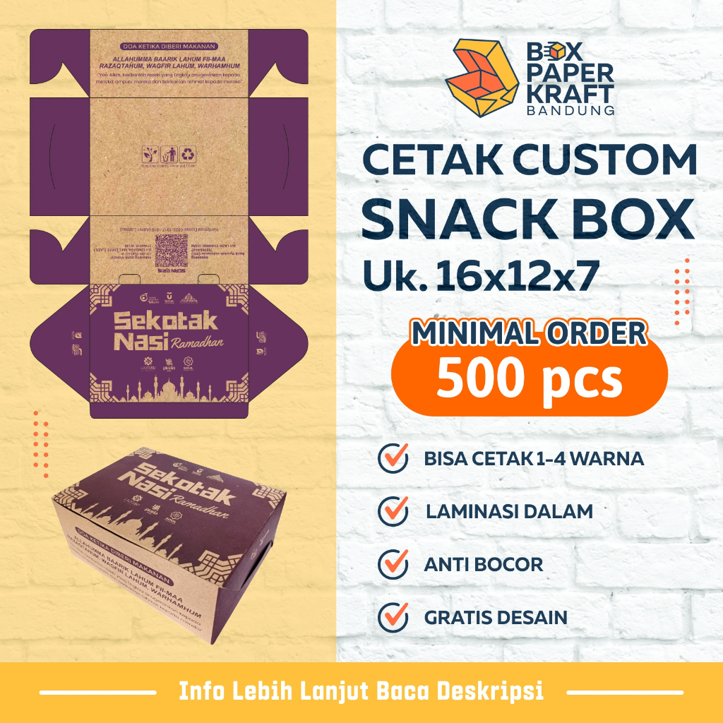 Cetak custom Dus Snack Box 16x12x7 Kraft 290gsm 1Warna Kotak Kue Fried Chicken
