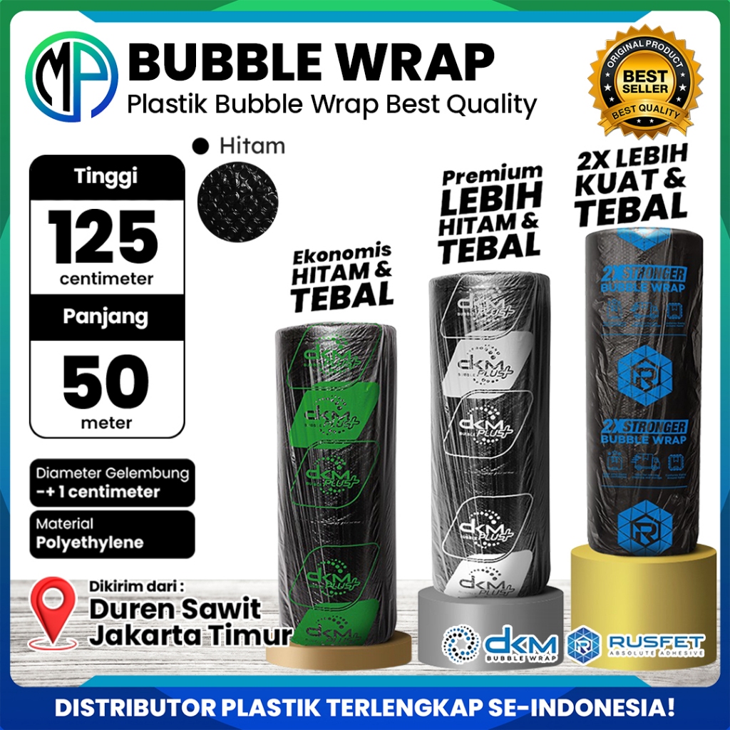 

Plastik Bubble Wrap Roll Hitam 125cm x 50m Berat 3Kg Merek DKMPlus dan Rusfet Coreless Harga Grosir