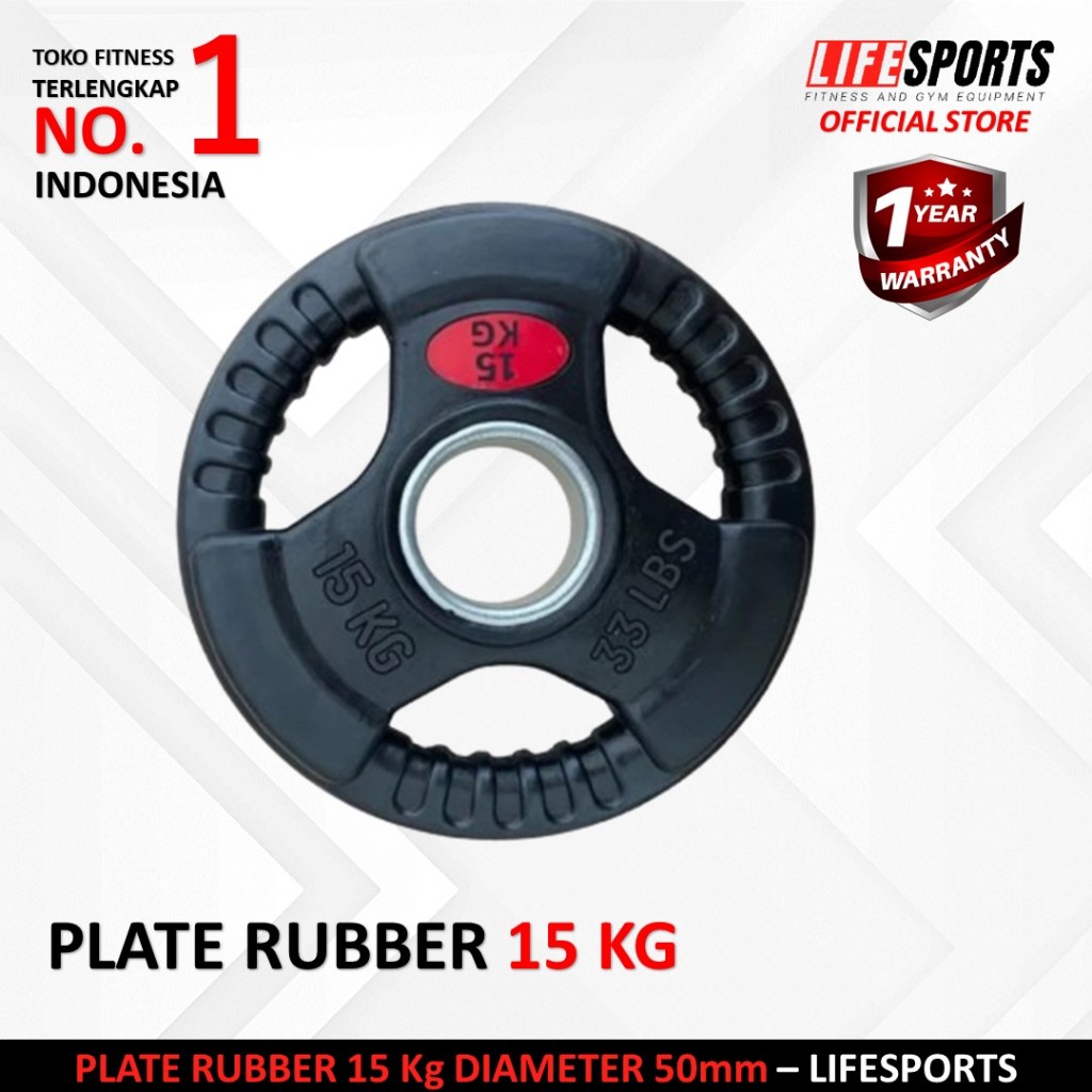 LIFESPORTS - New Alat Olahraga Fitness Classic Black Rubberized Plate Rubber 3 Grip Bumper 15 Kg