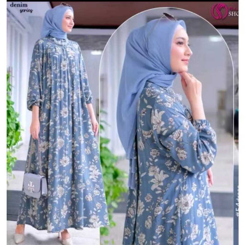 Gamis motif bunga kekinian midi dres bunga sakura baju gamis wanita model terbaru 2025