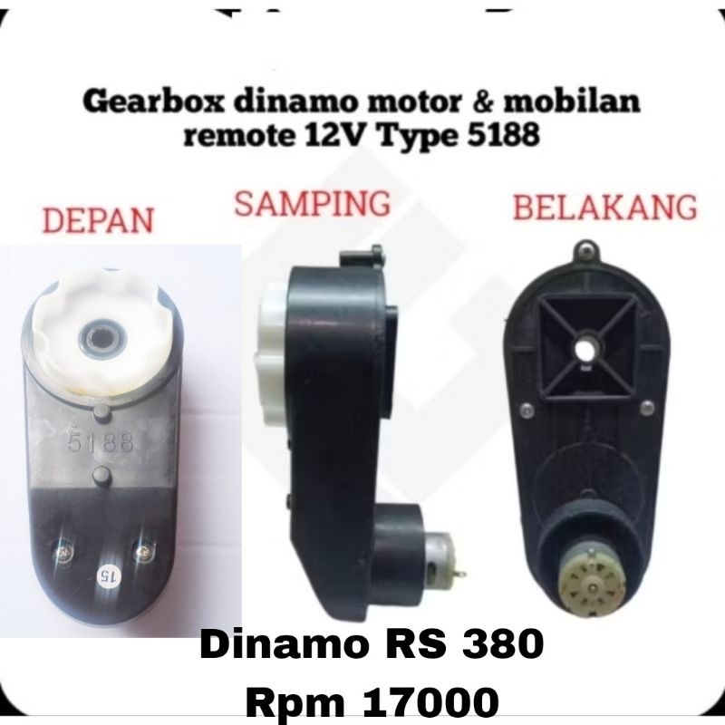 dinamo +gearbox mobil accu anak remot as 10.mm.RS380 12v Rpm17000