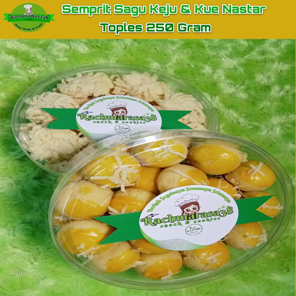 

Rachmarasa38 Paket Kue Kering 2 Pcs | Nastar Selai Nanas semprit Sagu Keju | Kemsan Toples 250 Gram