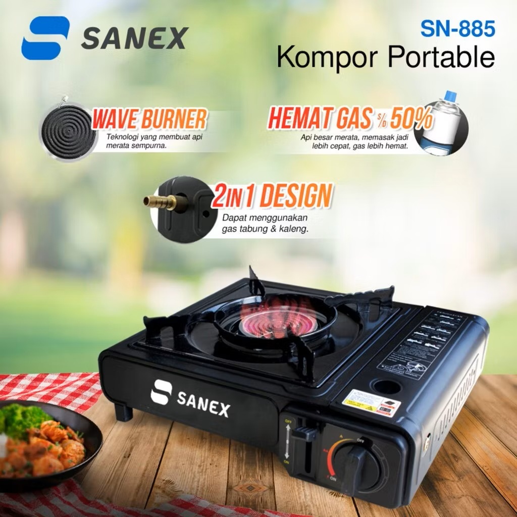 Kompor Gas Portable Sanex SN-885 - Desain Minimalis, Mudah Dibersihkan, Pemantik Piezoelectric